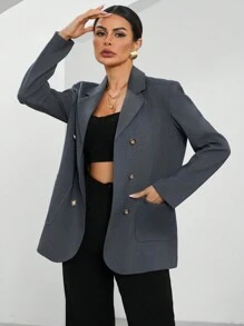 SHEIN BIZwear Lapel Pocket Front Long Sleeve Blazer Jacket - Grey - View 3