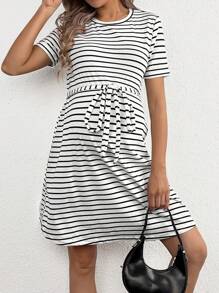 SHEIN Maternity Striped Short Sleeve Dress - Black and White - View 4