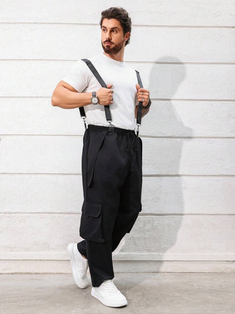 Plus Size Men's Solid Color Cargo Jumpsuit With Pockets And Suspenders