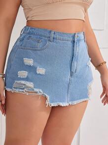 SHEIN VCAY Plus Size Women's Elasticity-Free Sexy Denim Skort - Blue - View 4