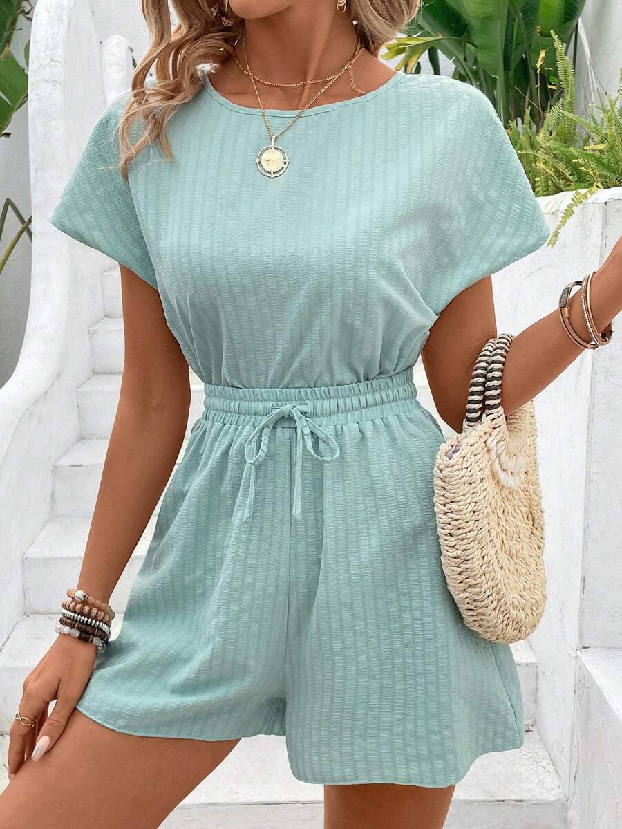 SHEIN VCAY 女式純色抽繩腰露背休閒連身褲 - 彩色 - 查看 1