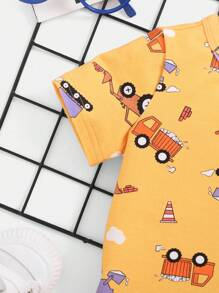 SHEIN Dziecko Chłopcy Kreskówki Samochód Wzór Okrągły Dekolt Krótki Rękaw Topy I Zestaw majtek