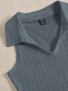 SHEIN EZwear 純色紋理轉領背心上衣，適合夏天穿著 - 霧霾藍 - 查看 5