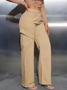 女士帶口袋的貨物風格牛仔褲 - 卡其色 - 查看 4