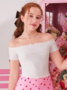 SHEIN Áo thun trễ vai dệt kim Jacquard thông thường dành cho các cô gái tuổi teen - trắng - Xem 1
