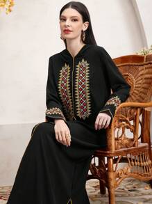 Al Najma Women's Embroidered Patchwork Hooded Dress - Black - View 6