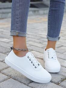 女士白色運動鞋,採用英式花朵鞋帶設計,圓頭,低幫,平底,時尚,透氣,防滑,適合學生穿著的休閒鞋 - 白色 - 查看 2