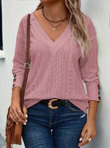 INAWLY Plus Size Women's V-Neck Long Sleeve T-Shirt Fall Cloth For Women - Rusty Rose - View 5