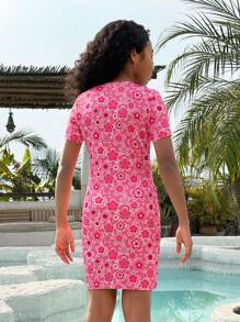 SHEIN Cô gái Tween Đúng mốt Điền kinh Đan Ngắn tay Đầm - Hồng - Xem 2