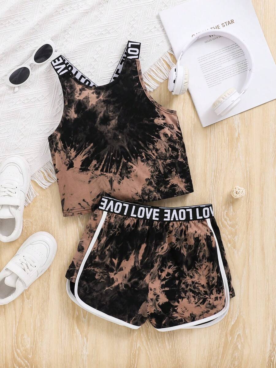 SHEIN Tween Girls' Sports Tie-Dye Letter Printed Strap Shorts Set Concert Outfit - Multicolor - View 1