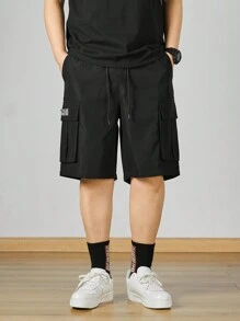 Manfinity Homme Pantalones Cortos De Carga Para Hombre De Talla Grande Con Cordón - Negro - Ver 4