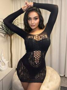 ChaseTheNight Plus Size Women's Sexy Lingerie Mesh Skirt With Round Neck