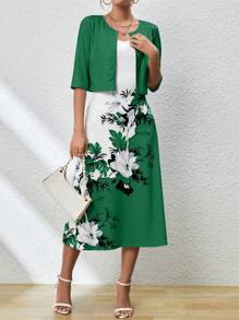 Chiquease Mid-Sleeve Jacket And Floral Printed Cami Dress Set - Dark Green - View 3