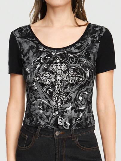 Goth Women's Black Cross & Baroque Print Crew Neck T-Shirt