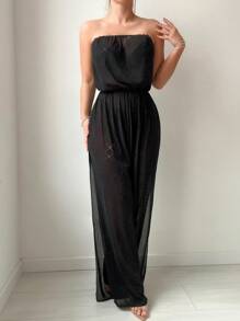SHEIN Swim Summer Off-Shoulder Cover Up Jumpsuit With Overlay - Black - View 6