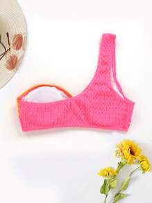 SHEIN Swim Áo bikini màu sắc Carnival Summer trang trí vòng một vai cho nữ - Màu Hồng Tươi - Xem 2