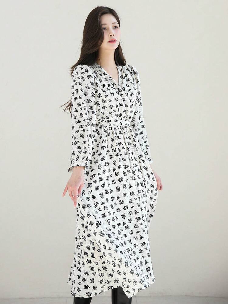 Women's Lantern Sleeve Wrap Neckline Ditsy Floral Dress,Fall Dress Long Sleeve Dress