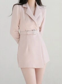 DAZY 女士純色長袖連身褲,對比色領口和短褲 - 粉色 - 查看 3