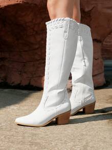 Styleloop Women's Mid-Calf Boots, Woven Texture, Boho, Western, Music Festival, Halloween, Christmas Party Styles - White - View 1