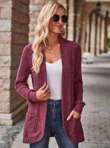 EMERY ROSE 女士肋紋長袖開衩夾克 - 酒紅色 - 查看 5