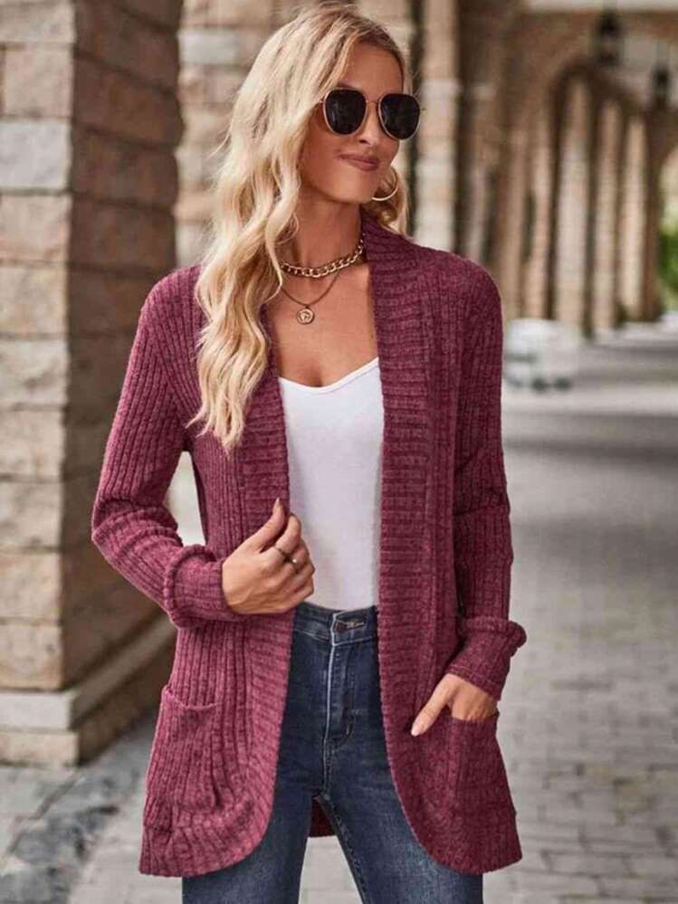 EMERY ROSE Ladies Ribbed Long Sleeve Open Placket Jacket Fall Winter Cloth For Women - Burgundy - View 5