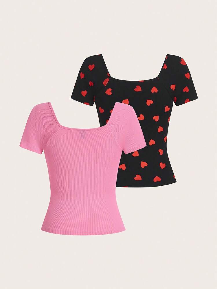 2pcs/Set Women's Ribbed Short Sleeve T-Shirt With Sweetheart Neckline For Valentine's Day