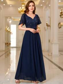 MIUSOL 亮片花卉蕾丝甜心领荷叶边袖雪纺褶皱下摆晚会长裙，优雅女士连衣裙，夏季连衣裙，适合度假、婚礼宾客、毕业典礼、晚宴礼服、长袍