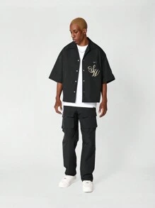 SUMWON Boxy Fit Revere Nylon Shirt With Front And Back Graphic Print - Black - View 5