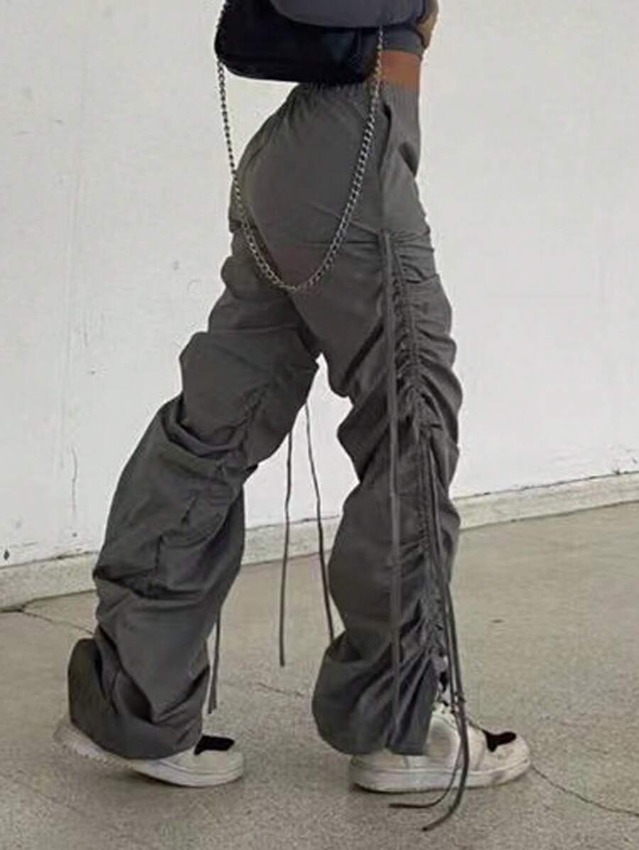 Flirla Women's Plus Size Elastic Waist Tie Detail Casual Pants Fall Cloth For Women