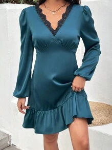 SHEIN Frenchy Women's Knotted Cut-Out Back Lantern Sleeve Dress