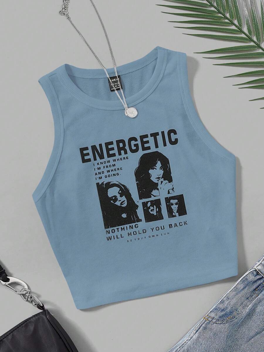 SHEIN EZwear 夏天的緊身針織背心,印有人像圖案印花 - 霧霾藍 - 查看 1