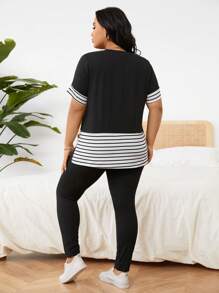 SHEIN LUNE Plus Size Short Sleeve Side Split Striped Pattern Casual Everyday Sports Loose Fitting 2 Pieces Set, Summer - Black and White - View 2