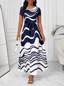 SHEIN Lady Women's Striped Belted A-Line Dress With Wavy Pattern - Blue and White - View 3