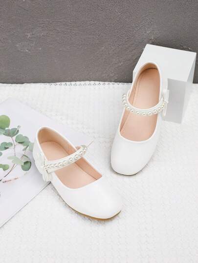 Girls' White Pearl Decor Princess Flat Shoes For Spring/Summer