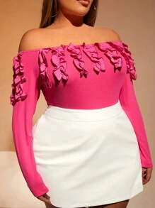 SHEIN SXY Plus Size Women's Off-The-Shoulder Ribbed Bodysuit - Hot Pink - View 1