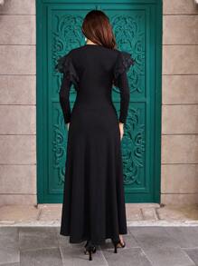 SHEIN Cottnline Ruffle Shoulder Detailed Black Long Dress - Black - View 2