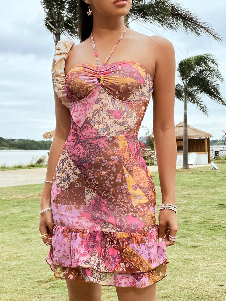 Women's Halter Neck Full-Printed Dress