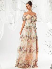 Elegant Off-Shoulder Printed Mesh Evening Gown Dress For Women