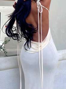 Draped Collar Tie Shoulder Cami Dress - White - View 2