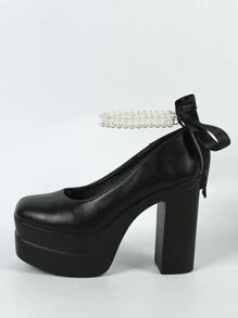 2024新款女士高跟鞋，简约超高跟厚底仿珍珠装饰派对度假时尚粗跟鞋情人节款，优雅玛丽珍鞋 - 黑色 - 查看 7