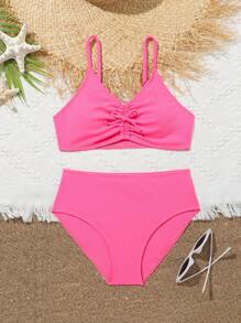Conjunto De Bikini Con Pliegues Y Costillas Fruncidas Para Niñas En Edad Intermedia - Rosa Fucsia - Ver 1