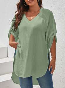 SHEIN VCAY Plus Size Women's Asymmetric Hem Blouse With Raglan Sleeve