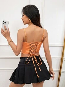 GENKIRA Gerafftes Brustgurt Crop Tanktop Mit Schulterträgern Und Rückenausschnitt - Orange - Übersicht 1
