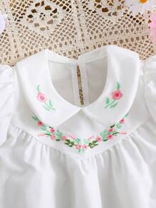 SHEIN 2pcs/Set Young Girls' Embroidered Collar & Puff Sleeve & Bowknot Decor A-Line Dress For Party, Summer