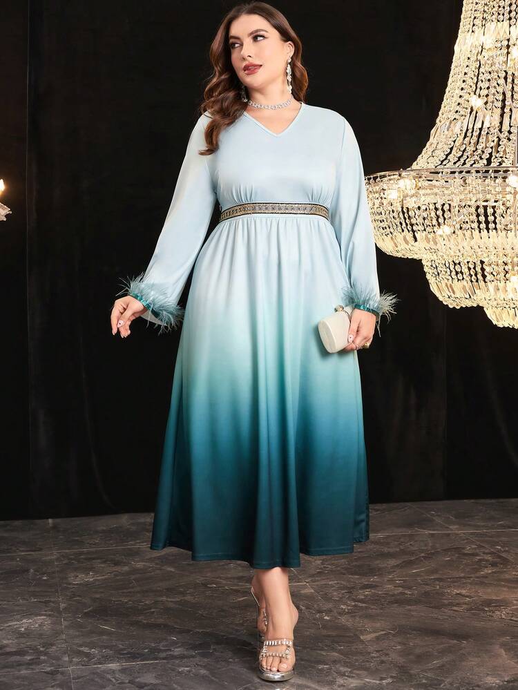 Plus Size Women's Gradient Sleeve Cuff Splice Furry Dress Long Evening Dresses Fall Cloth For Women