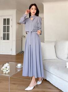 DAZY Váy xếp ly thắt lưng thiết kế bèo nhún cho nữ, váy thu - Màu xanh bụi bặm - Xem 2