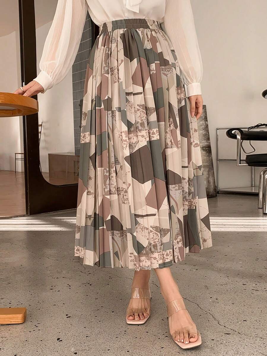 DAZY 女士全印花几何图案百褶裙，秋季服装 - 彩色 - 查看 1