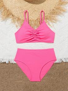 Conjunto De Bikini Con Pliegues Y Costillas Fruncidas Para Niñas En Edad Intermedia - Rosa Fucsia - Ver 5