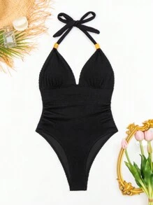 SHEIN Swim Quý cô Textured Áo tắm một mảnh Với Kim loại Clasp Lễ hội hóa trang - màu đen - Xem 4