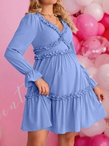 SHEIN Thai sản Cổ chữ V Tay áo chuông Đầm - Màu xanh lam - Xem 3